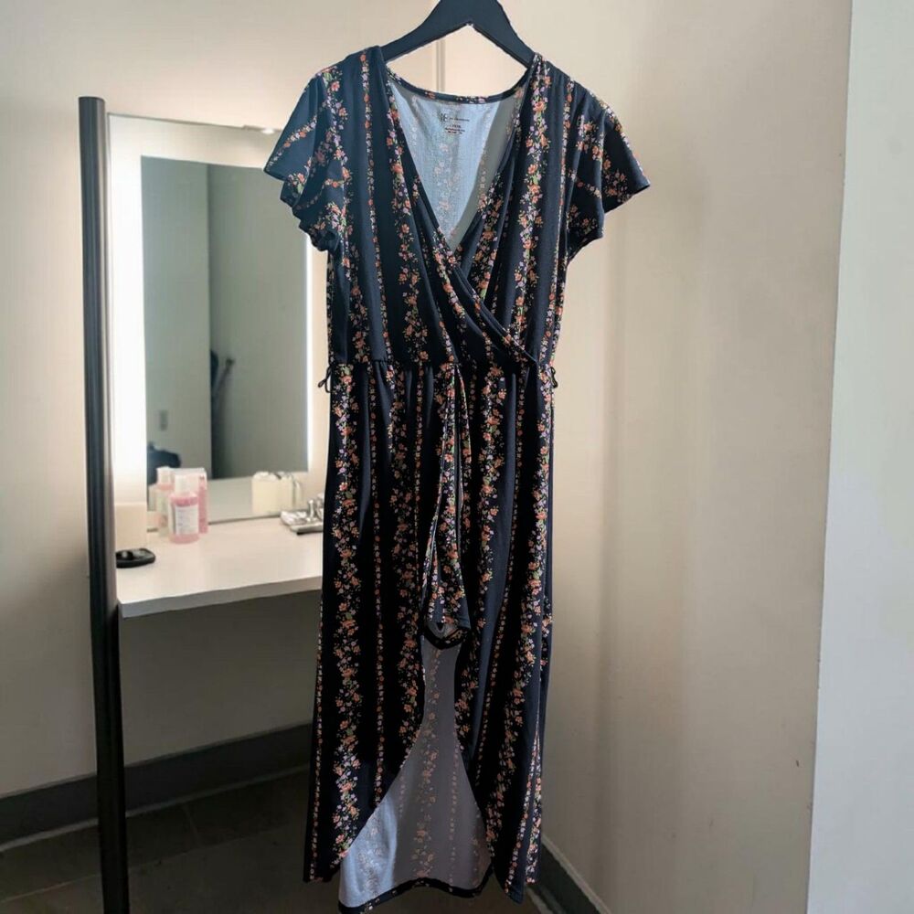 Black Floral Romper Dress, Cottagecore Boho Skort Romper, Floral Faux Wrap Dress - Picture 3 of 7